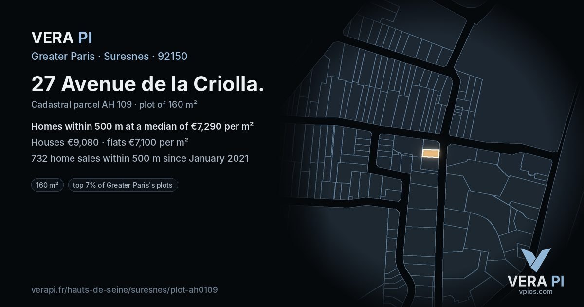 27 Avenue de la Criolla, Suresnes at night – the plot lit, the parcels around coloured by the prices near them