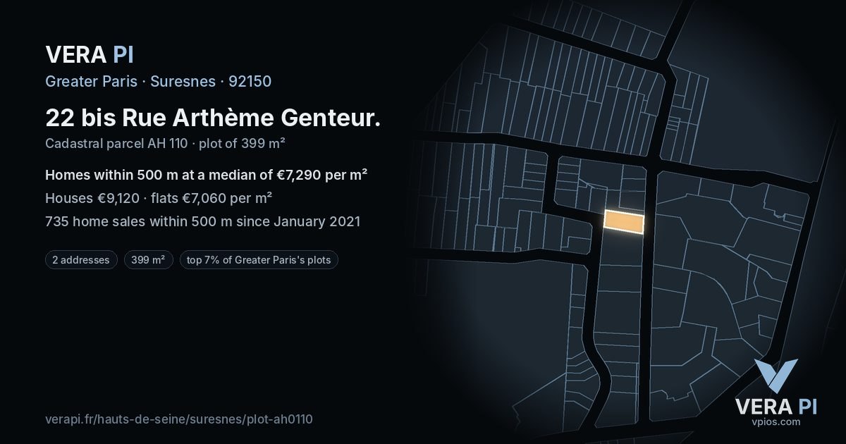 22 bis Rue Arthème Genteur, Suresnes at night – the plot lit, the parcels around coloured by the prices near them