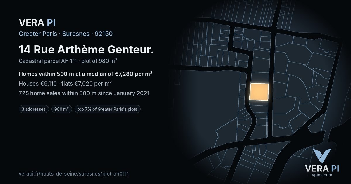 14 Rue Arthème Genteur, Suresnes at night – the plot lit, the parcels around coloured by the prices near them