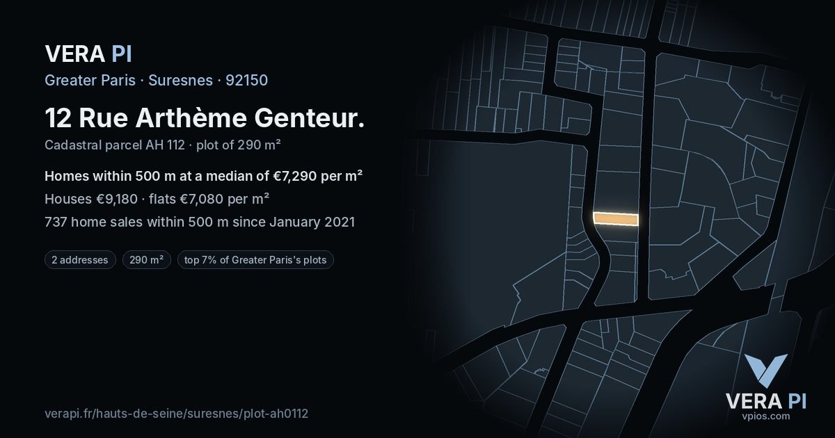 12 Rue Arthème Genteur, Suresnes at night – the plot lit, the parcels around coloured by the prices near them