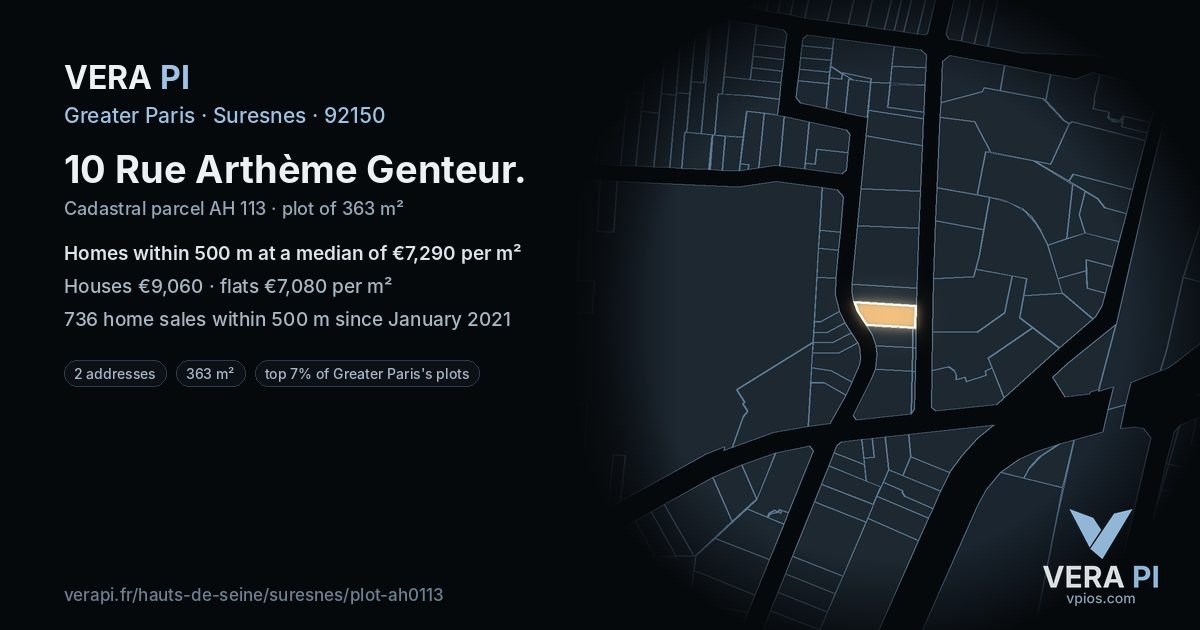 10 Rue Arthème Genteur, Suresnes at night – the plot lit, the parcels around coloured by the prices near them