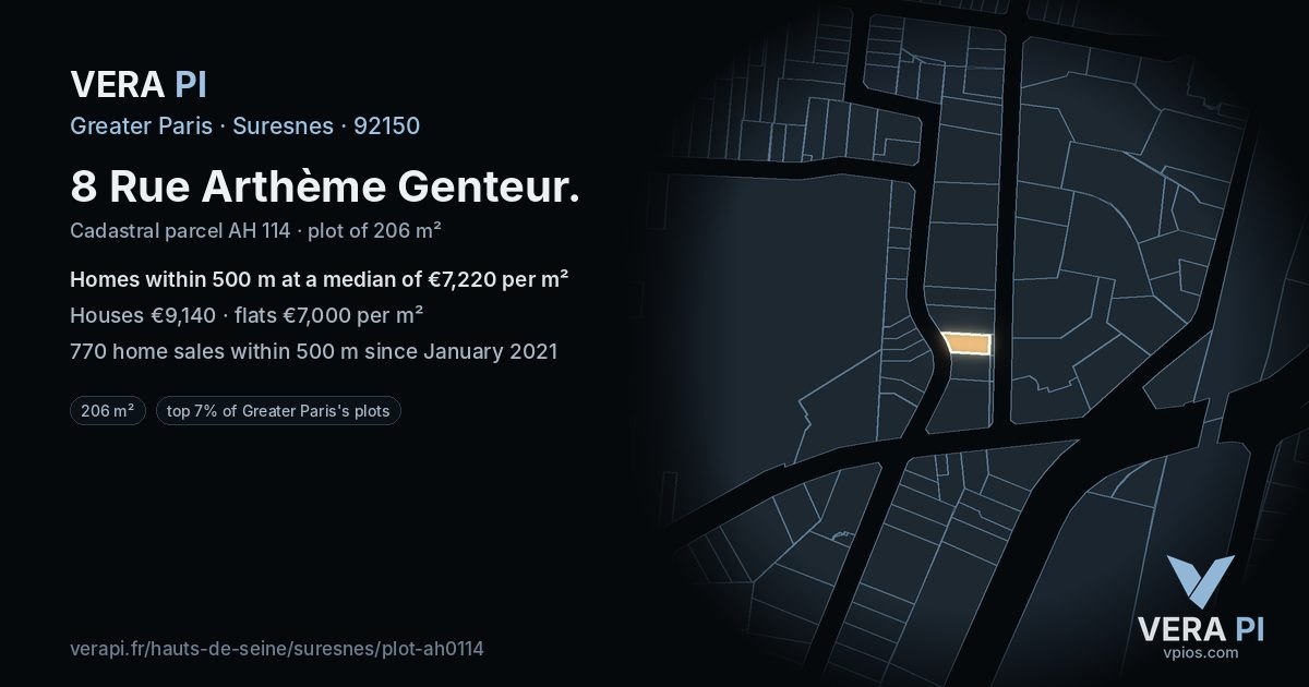 8 Rue Arthème Genteur, Suresnes at night – the plot lit, the parcels around coloured by the prices near them