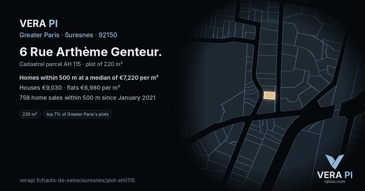 6 Rue Arthème Genteur, Suresnes at night – the plot lit, the parcels around coloured by the prices near them