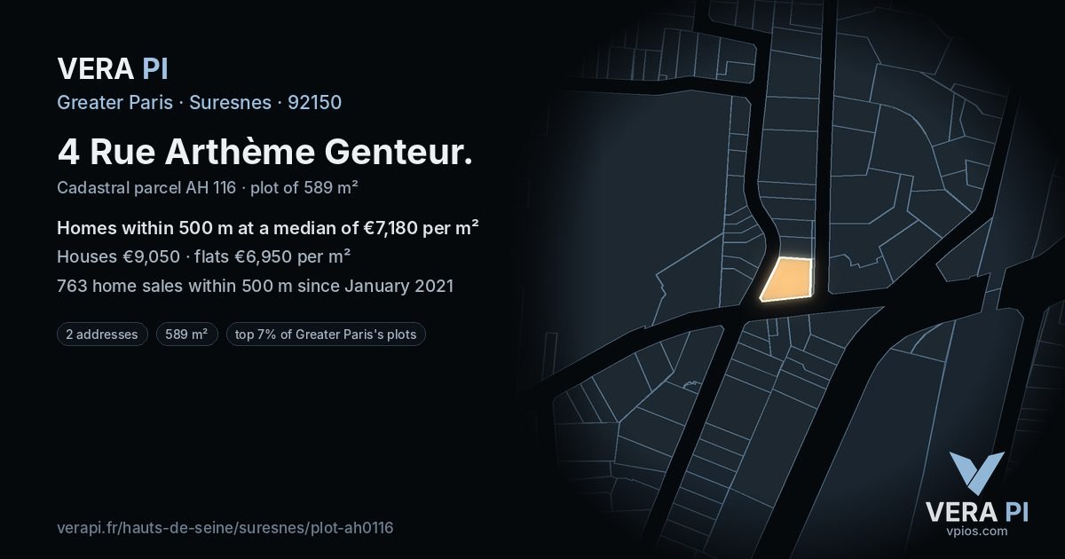 4 Rue Arthème Genteur, Suresnes at night – the plot lit, the parcels around coloured by the prices near them