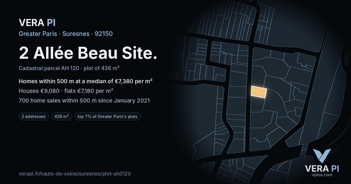 2 Allée Beau Site, Suresnes at night – the plot lit, the parcels around coloured by the prices near them