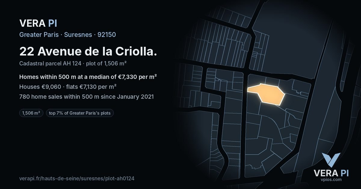 22 Avenue de la Criolla, Suresnes at night – the plot lit, the parcels around coloured by the prices near them