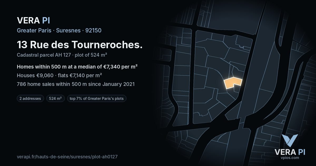 13 Rue des Tourneroches, Suresnes at night – the plot lit, the parcels around coloured by the prices near them