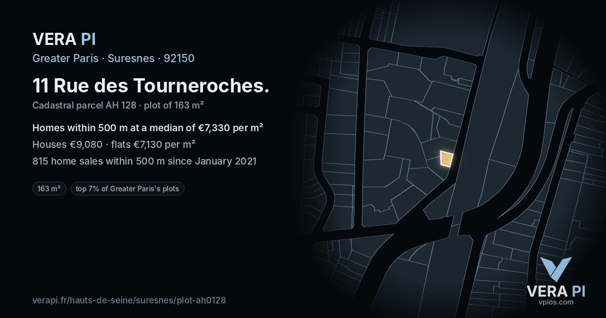 11 Rue des Tourneroches, Suresnes at night – the plot lit, the parcels around coloured by the prices near them