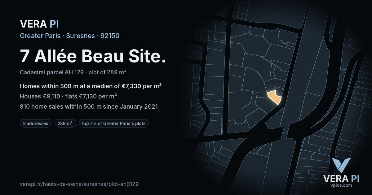 7 Allée Beau Site, Suresnes at night – the plot lit, the parcels around coloured by the prices near them