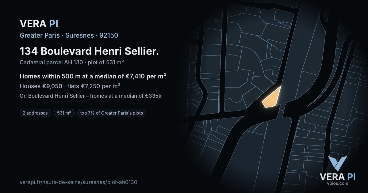 134 Boulevard Henri Sellier, Suresnes at night – the plot lit, the parcels around coloured by the prices near them
