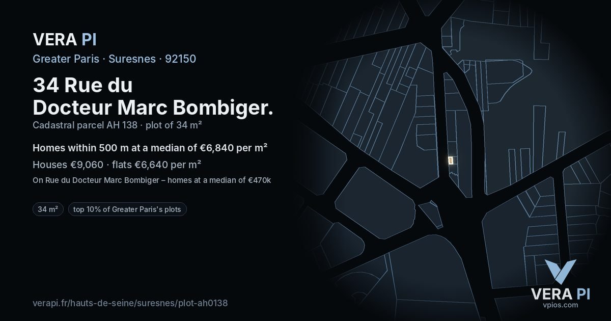 34 Rue du Docteur Marc Bombiger, Suresnes at night – the plot lit, the parcels around coloured by the prices near them