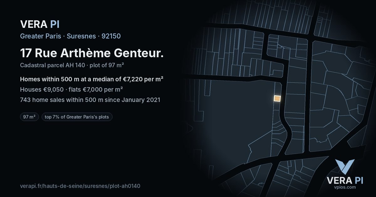 17 Rue Arthème Genteur, Suresnes at night – the plot lit, the parcels around coloured by the prices near them