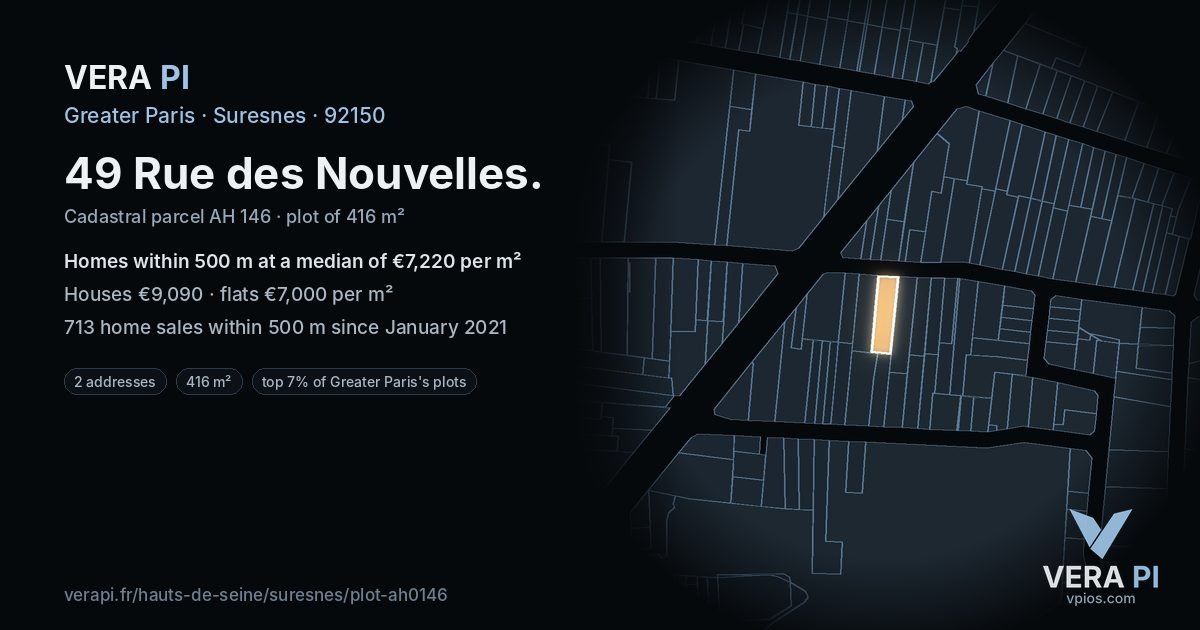 49 Rue des Nouvelles, Suresnes at night – the plot lit, the parcels around coloured by the prices near them