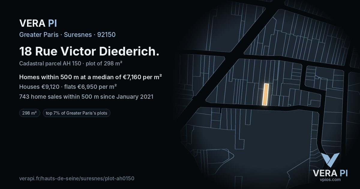 18 Rue Victor Diederich, Suresnes at night – the plot lit, the parcels around coloured by the prices near them