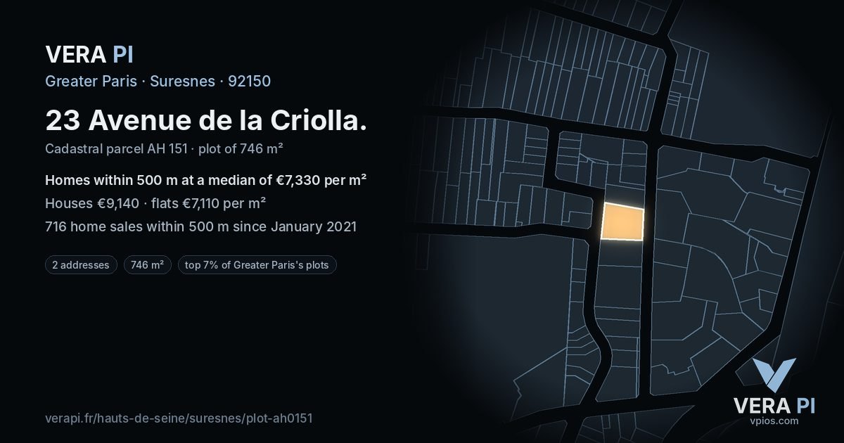 23 Avenue de la Criolla, Suresnes at night – the plot lit, the parcels around coloured by the prices near them