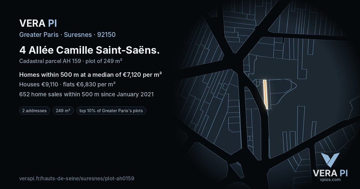 4 Allée Camille Saint-Saëns, Suresnes at night – the plot lit, the parcels around coloured by the prices near them