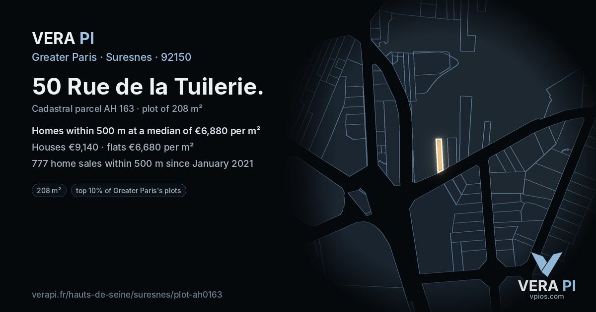 50 Rue de la Tuilerie, Suresnes at night – the plot lit, the parcels around coloured by the prices near them