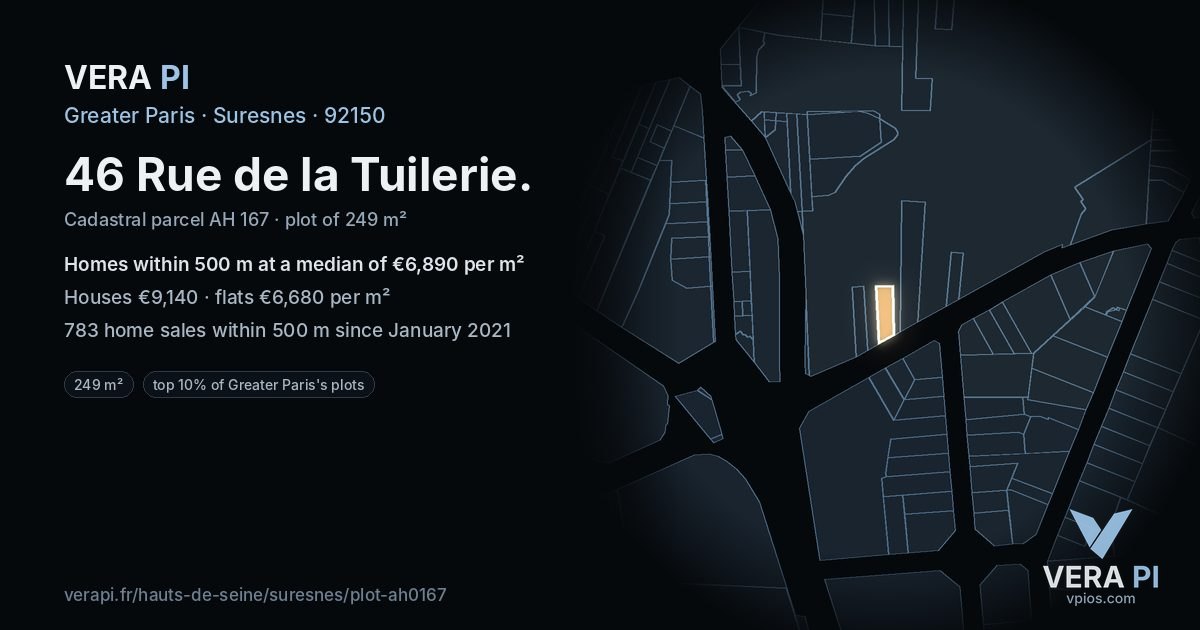 46 Rue de la Tuilerie, Suresnes at night – the plot lit, the parcels around coloured by the prices near them