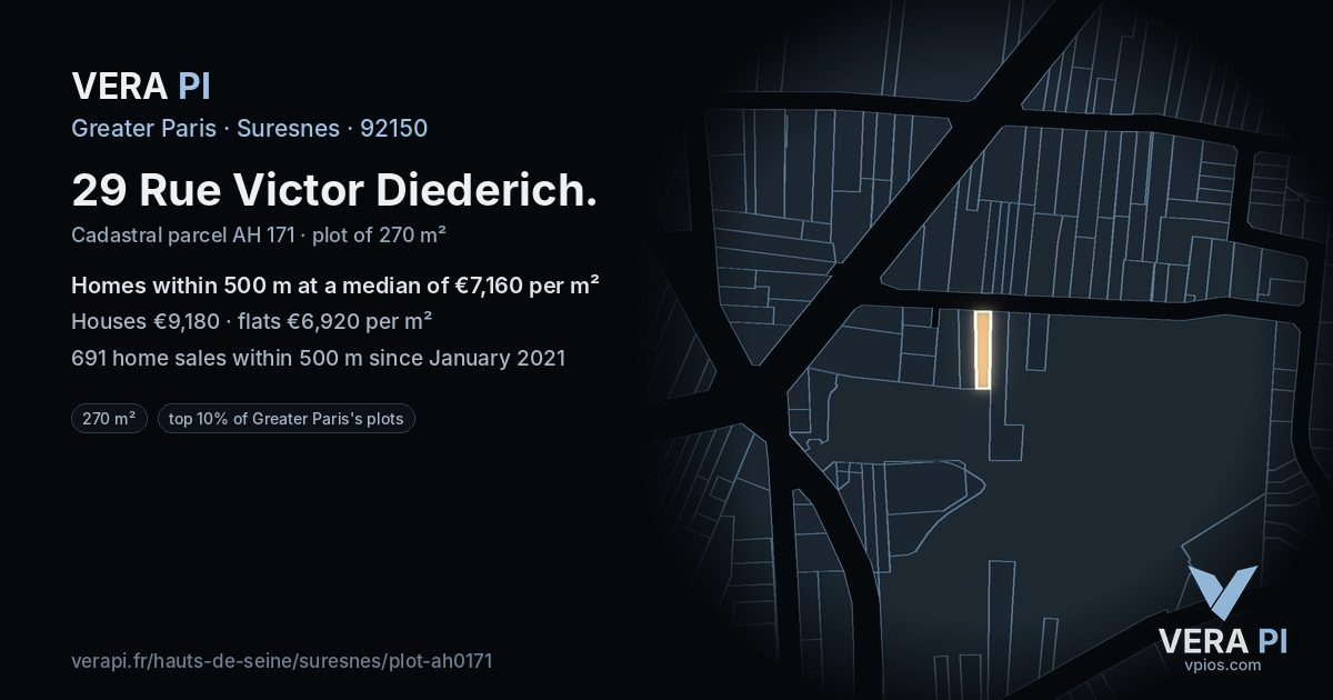 29 Rue Victor Diederich, Suresnes at night – the plot lit, the parcels around coloured by the prices near them
