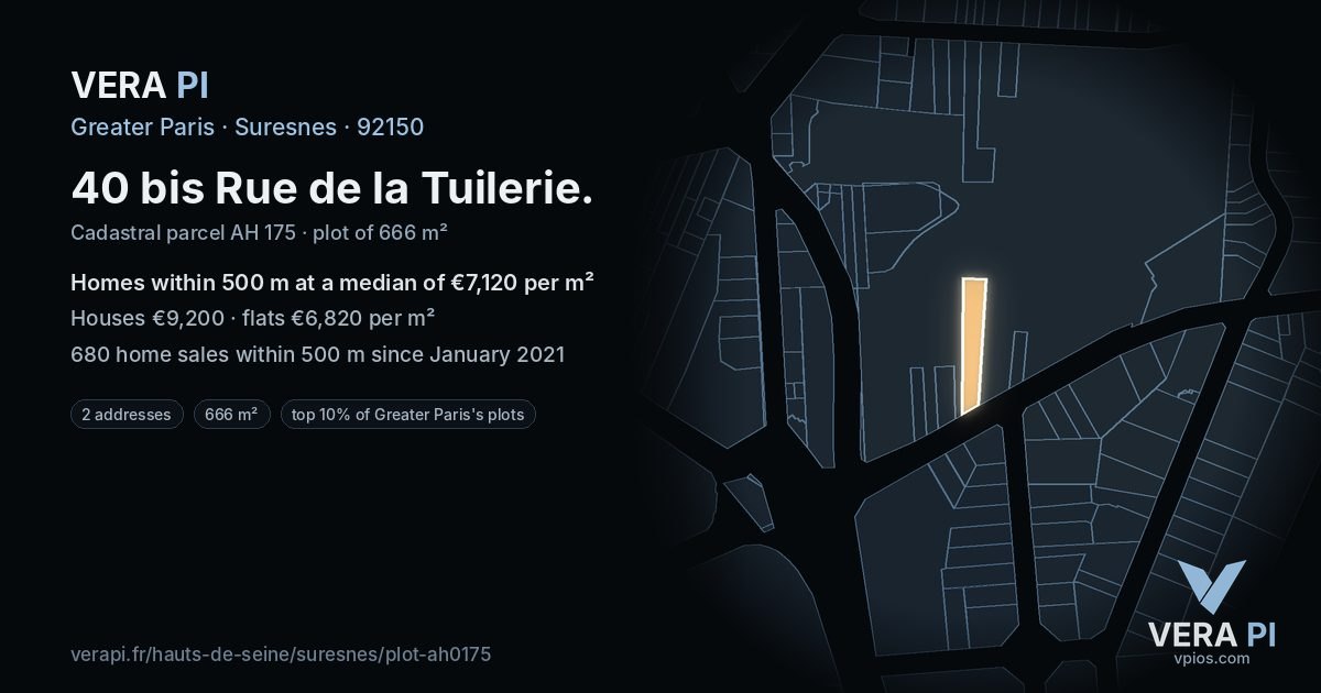 40 bis Rue de la Tuilerie, Suresnes at night – the plot lit, the parcels around coloured by the prices near them