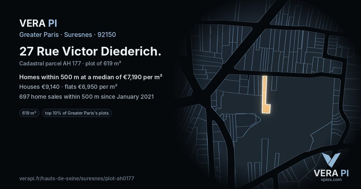 27 Rue Victor Diederich, Suresnes at night – the plot lit, the parcels around coloured by the prices near them