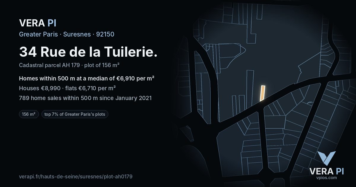 34 Rue de la Tuilerie, Suresnes at night – the plot lit, the parcels around coloured by the prices near them