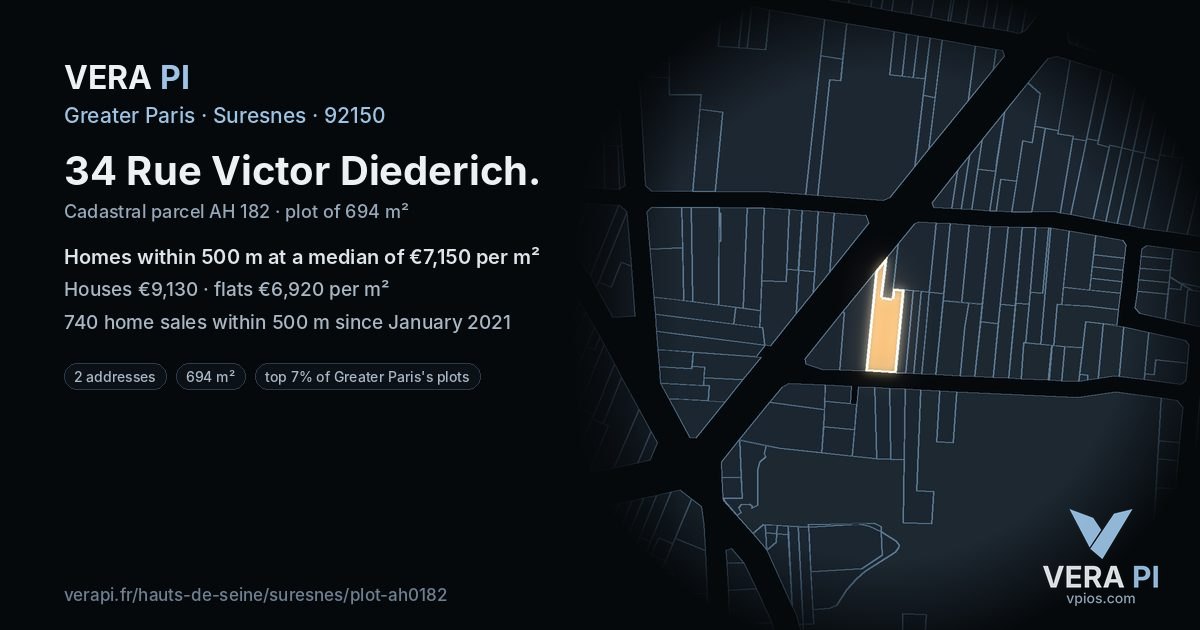 34 Rue Victor Diederich, Suresnes at night – the plot lit, the parcels around coloured by the prices near them