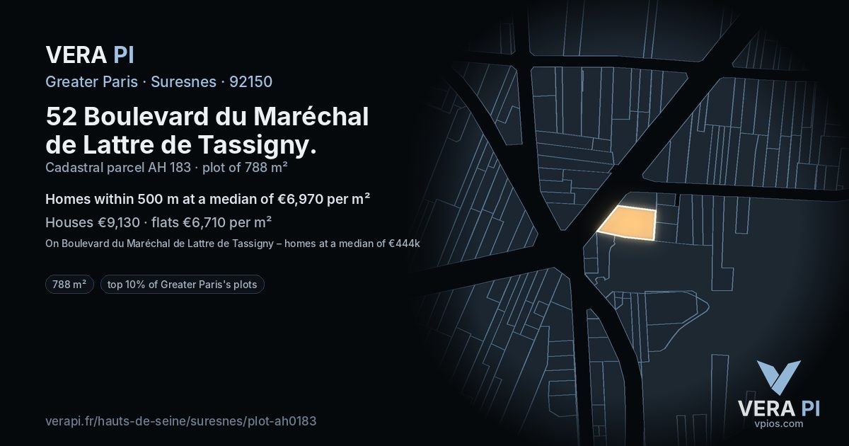 52 Boulevard du Maréchal de Lattre de Tassigny, Suresnes at night – the plot lit, the parcels around coloured by the prices near them