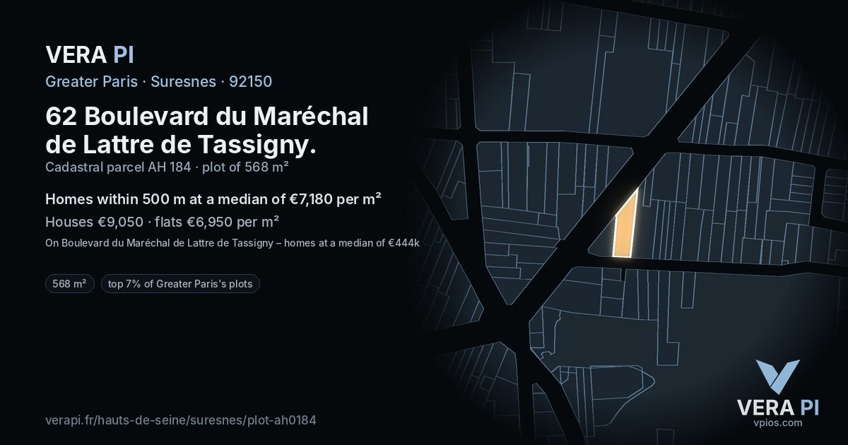 62 Boulevard du Maréchal de Lattre de Tassigny, Suresnes at night – the plot lit, the parcels around coloured by the prices near them
