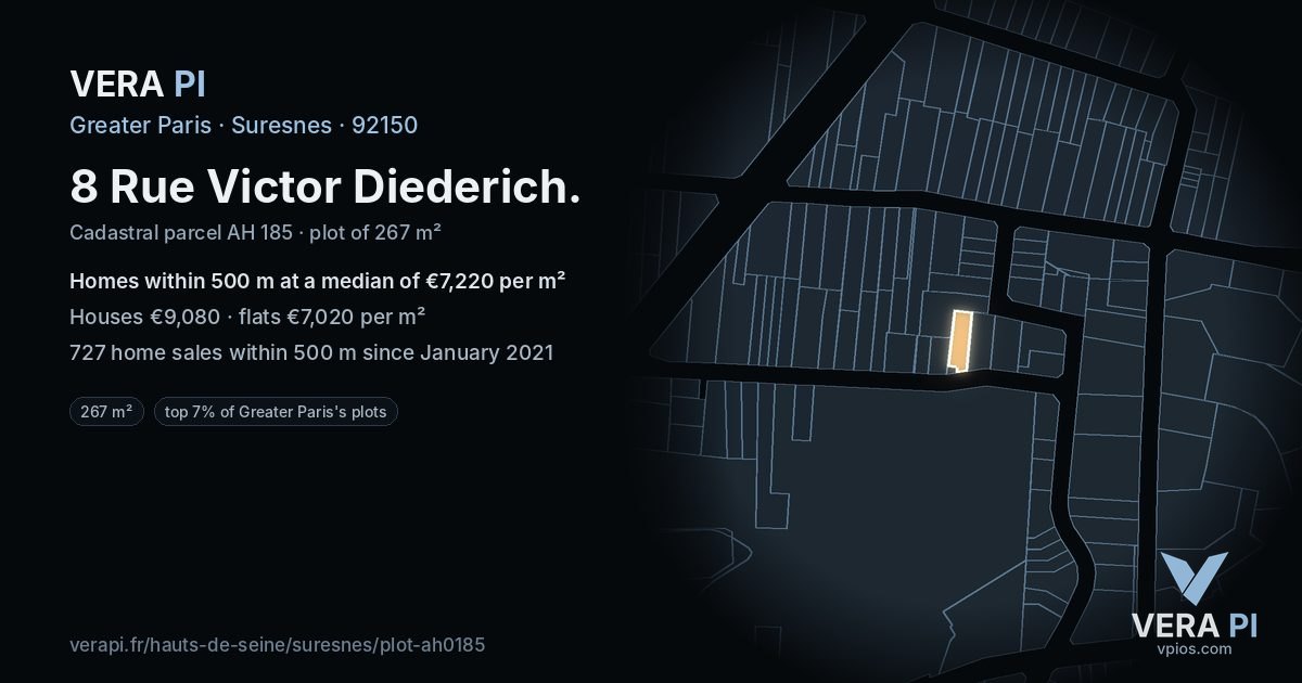 8 Rue Victor Diederich, Suresnes at night – the plot lit, the parcels around coloured by the prices near them