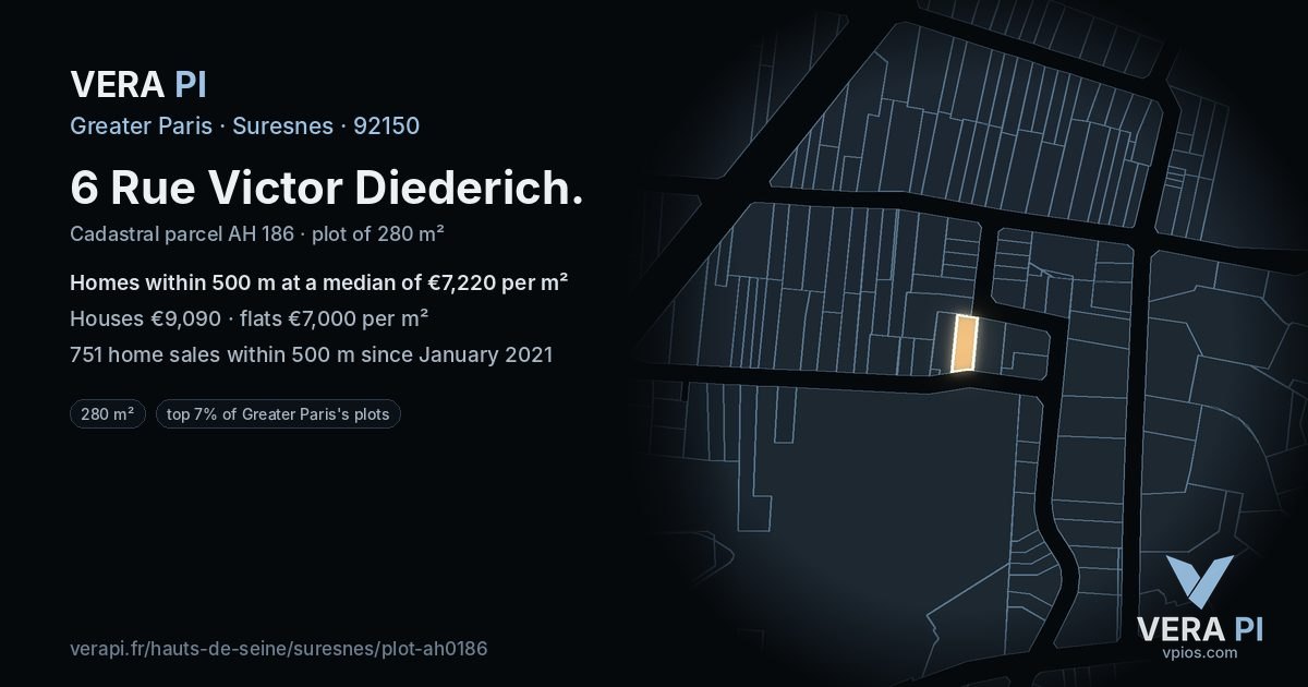 6 Rue Victor Diederich, Suresnes at night – the plot lit, the parcels around coloured by the prices near them