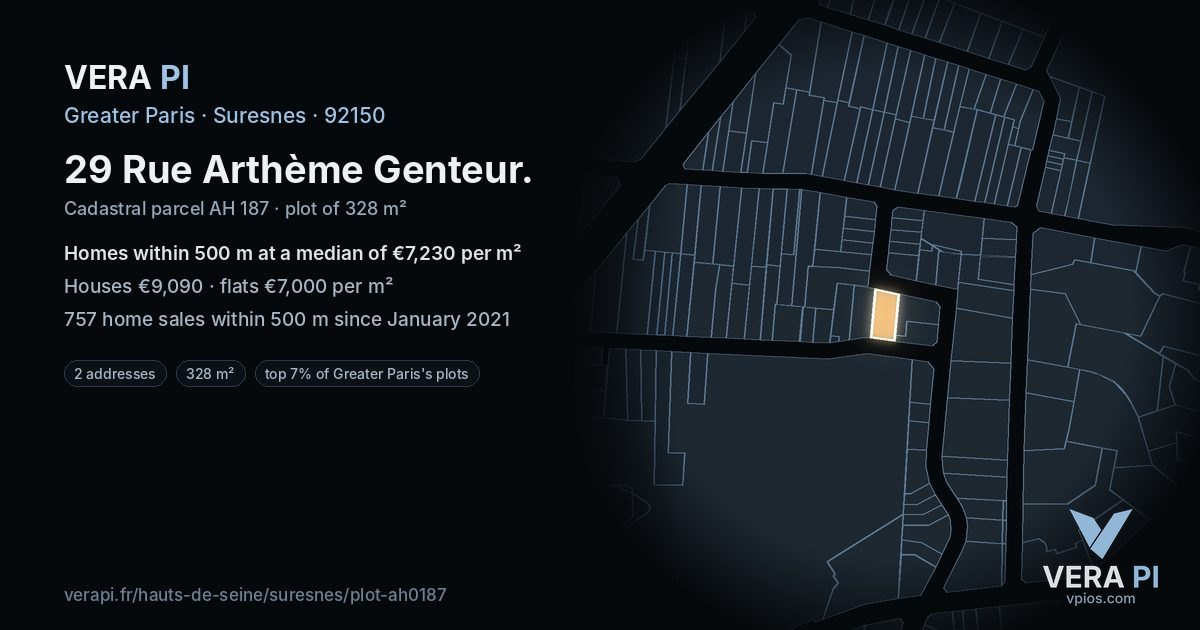 29 Rue Arthème Genteur, Suresnes at night – the plot lit, the parcels around coloured by the prices near them
