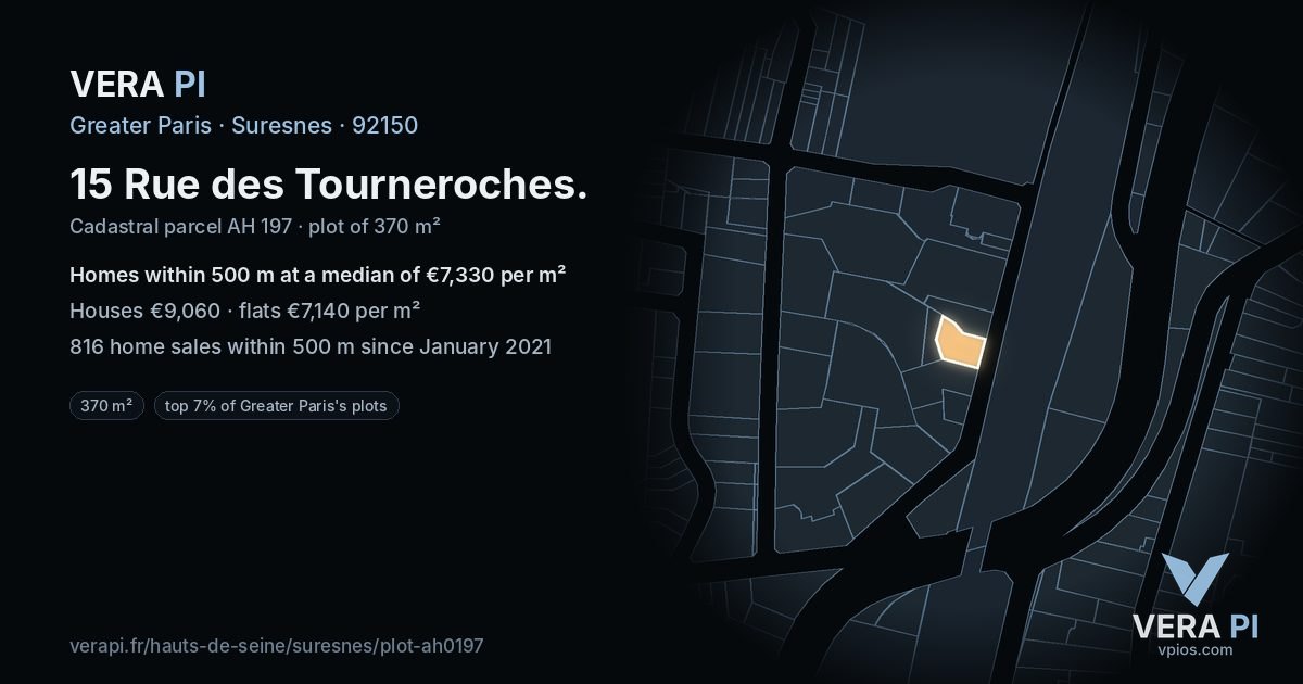 15 Rue des Tourneroches, Suresnes at night – the plot lit, the parcels around coloured by the prices near them