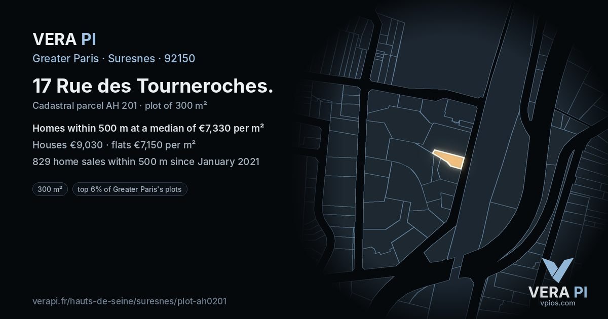 17 Rue des Tourneroches, Suresnes at night – the plot lit, the parcels around coloured by the prices near them