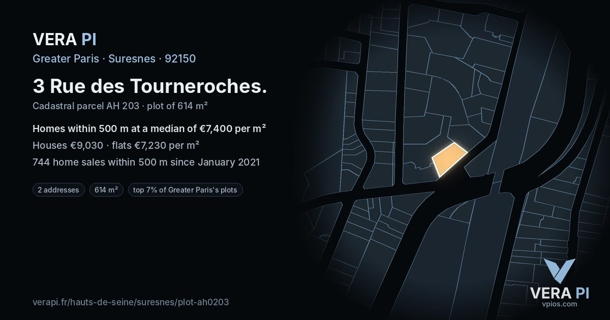 3 Rue des Tourneroches, Suresnes at night – the plot lit, the parcels around coloured by the prices near them