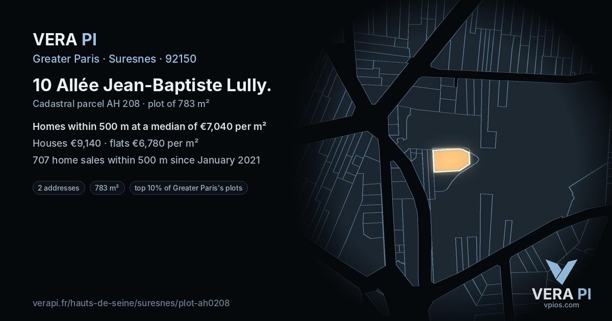 10 Allée Jean-Baptiste Lully, Suresnes at night – the plot lit, the parcels around coloured by the prices near them