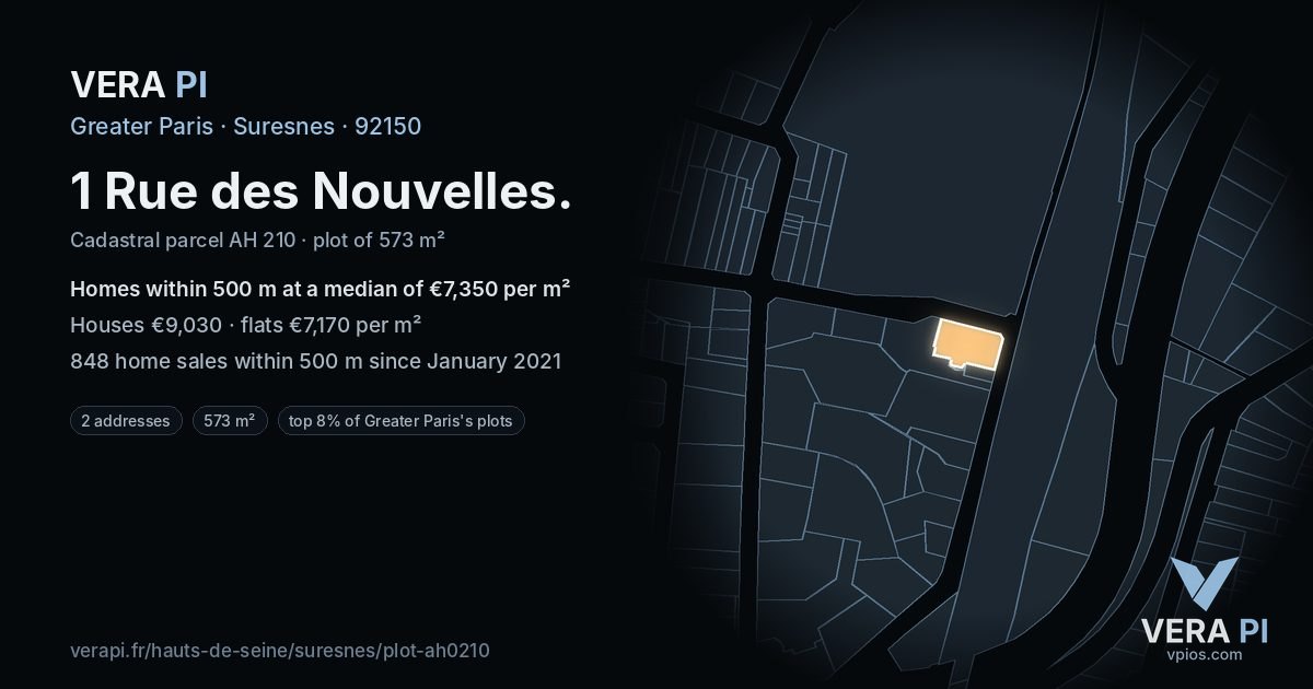 1 Rue des Nouvelles, Suresnes at night – the plot lit, the parcels around coloured by the prices near them