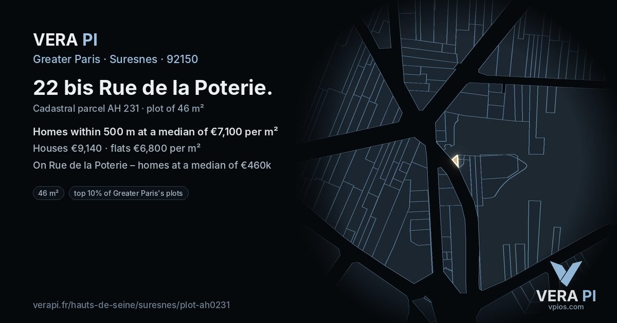 22 bis Rue de la Poterie, Suresnes at night – the plot lit, the parcels around coloured by the prices near them