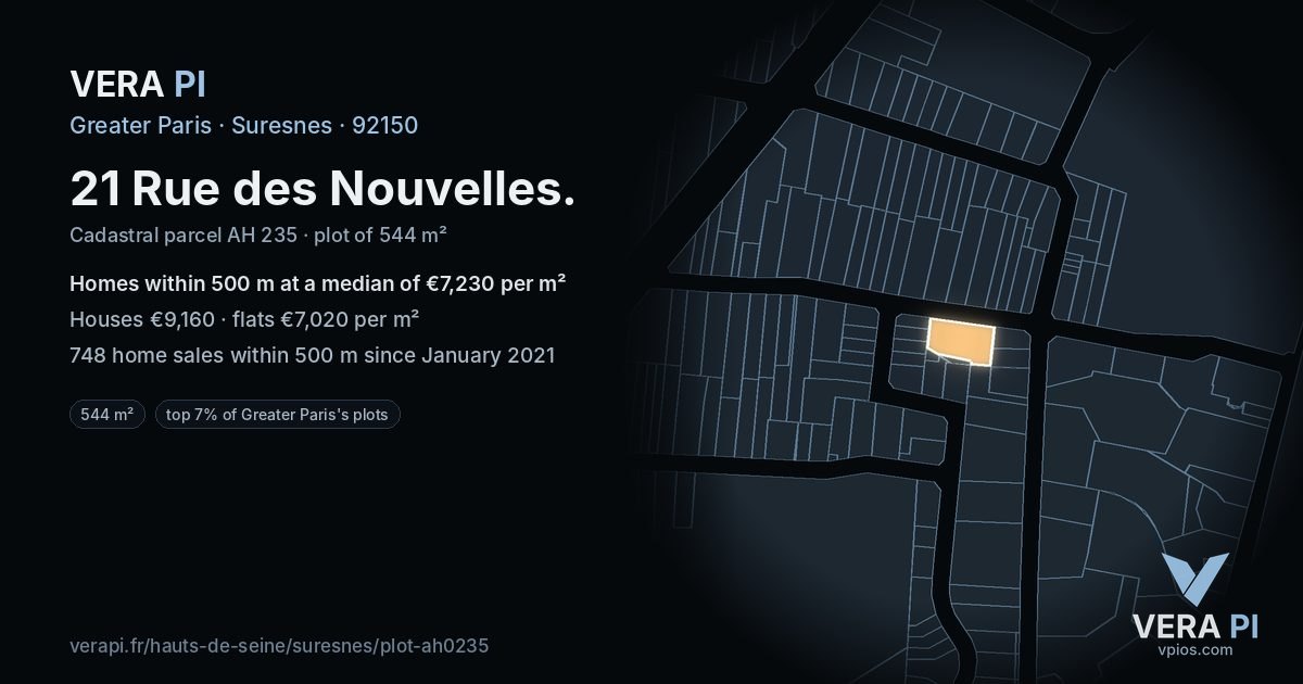 21 Rue des Nouvelles, Suresnes at night – the plot lit, the parcels around coloured by the prices near them