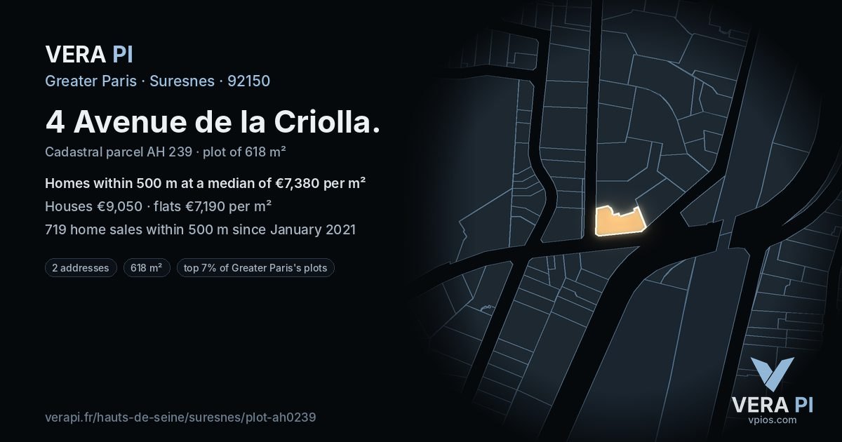 4 Avenue de la Criolla, Suresnes at night – the plot lit, the parcels around coloured by the prices near them