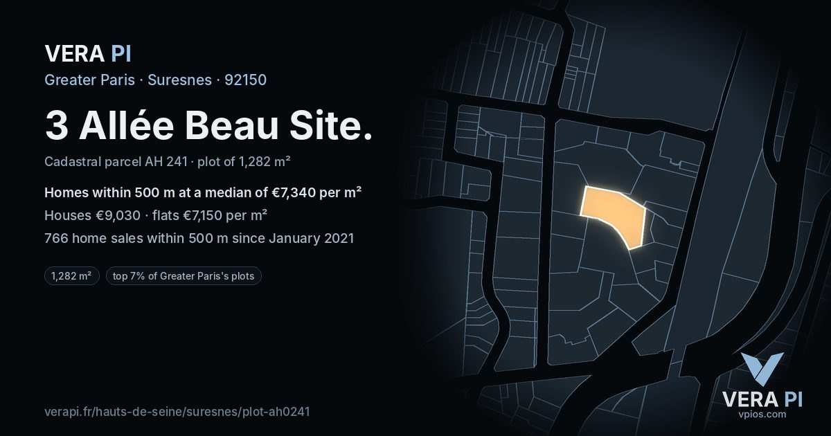 3 Allée Beau Site, Suresnes at night – the plot lit, the parcels around coloured by the prices near them