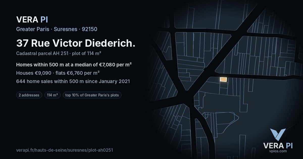 37 Rue Victor Diederich, Suresnes at night – the plot lit, the parcels around coloured by the prices near them