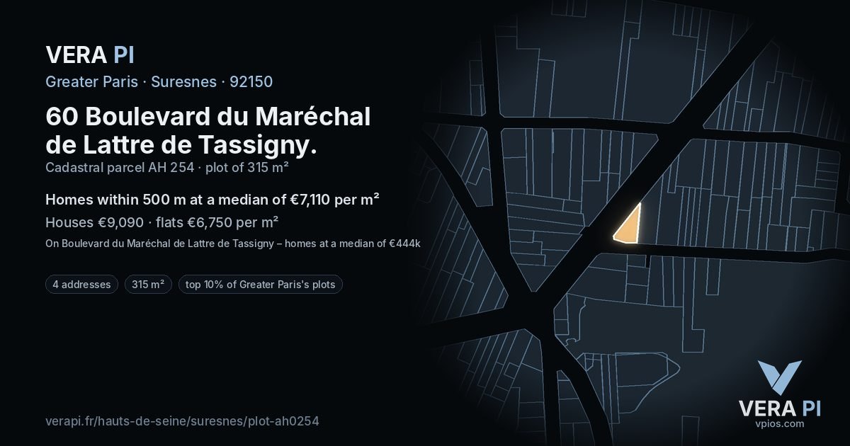 60 Boulevard du Maréchal de Lattre de Tassigny, Suresnes at night – the plot lit, the parcels around coloured by the prices near them
