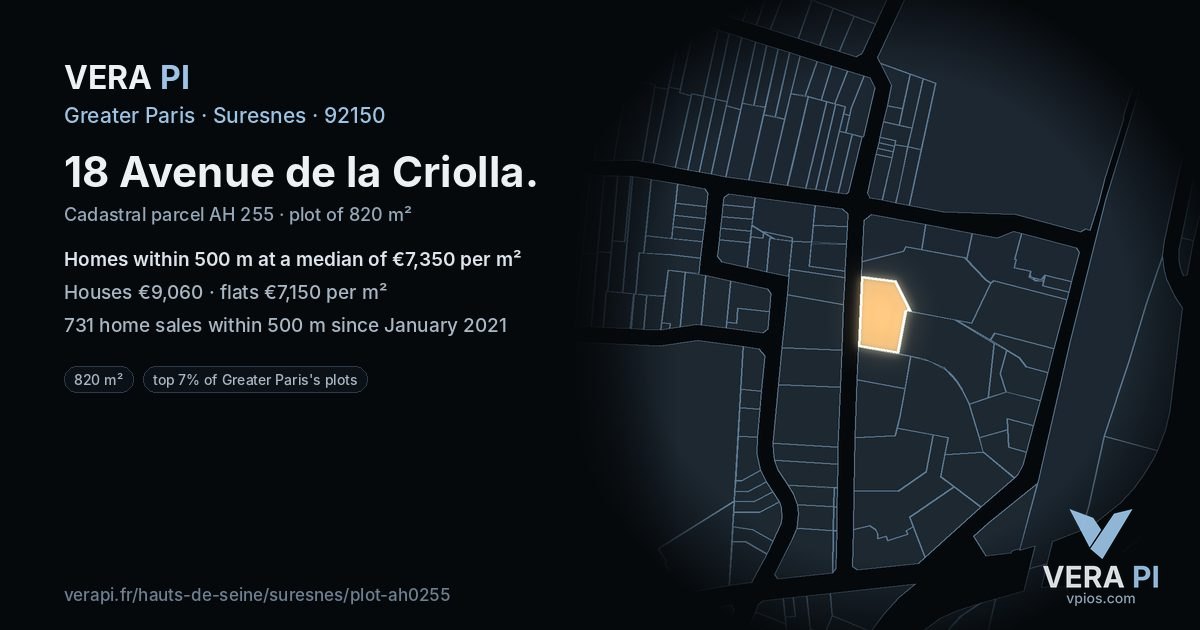 18 Avenue de la Criolla, Suresnes at night – the plot lit, the parcels around coloured by the prices near them