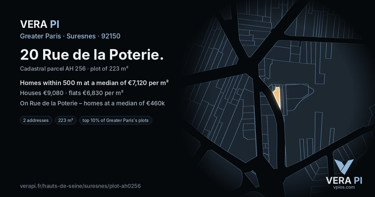 20 Rue de la Poterie, Suresnes at night – the plot lit, the parcels around coloured by the prices near them
