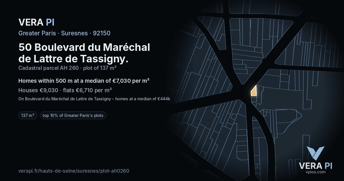 50 Boulevard du Maréchal de Lattre de Tassigny, Suresnes at night – the plot lit, the parcels around coloured by the prices near them