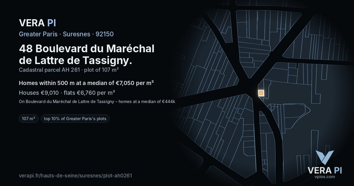 48 Boulevard du Maréchal de Lattre de Tassigny, Suresnes at night – the plot lit, the parcels around coloured by the prices near them