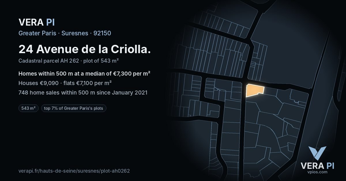 24 Avenue de la Criolla, Suresnes at night – the plot lit, the parcels around coloured by the prices near them