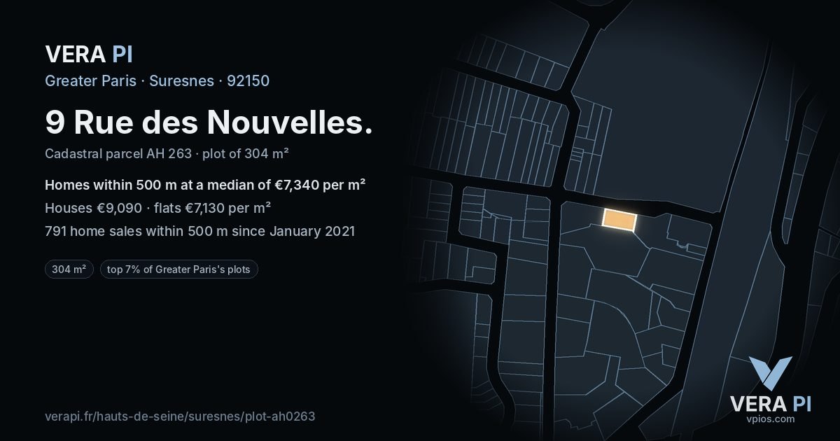 9 Rue des Nouvelles, Suresnes at night – the plot lit, the parcels around coloured by the prices near them