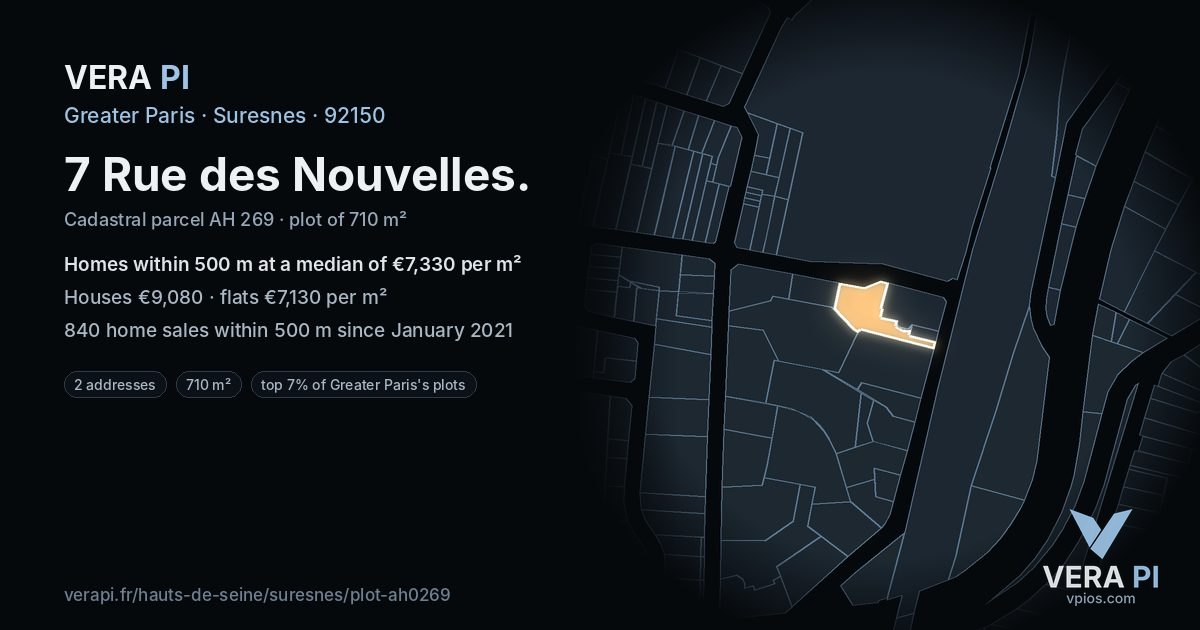 7 Rue des Nouvelles, Suresnes at night – the plot lit, the parcels around coloured by the prices near them